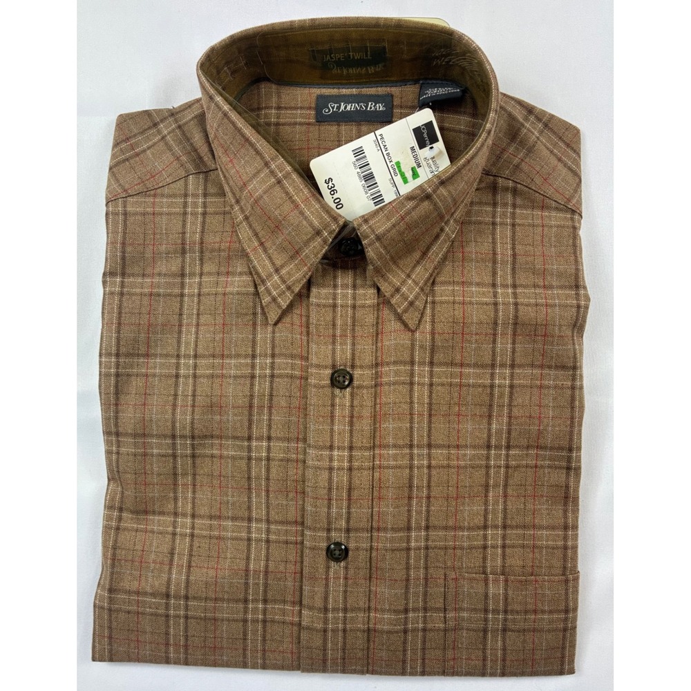 St. John's Bay Plaid Button Down Shirt Mens Medium Brown NWT Jaspe Twill Pecan